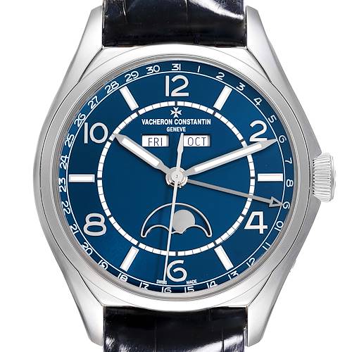The Vacheron Constantin Fiftysix 4000E/000A-B548 Men's Stainless Steel Blue Dial 4000E/000A-B548 Men's Stainless Steel Blue Dial watch is shown from a front angle, highlighting the blue dial, hands, and calendar features.