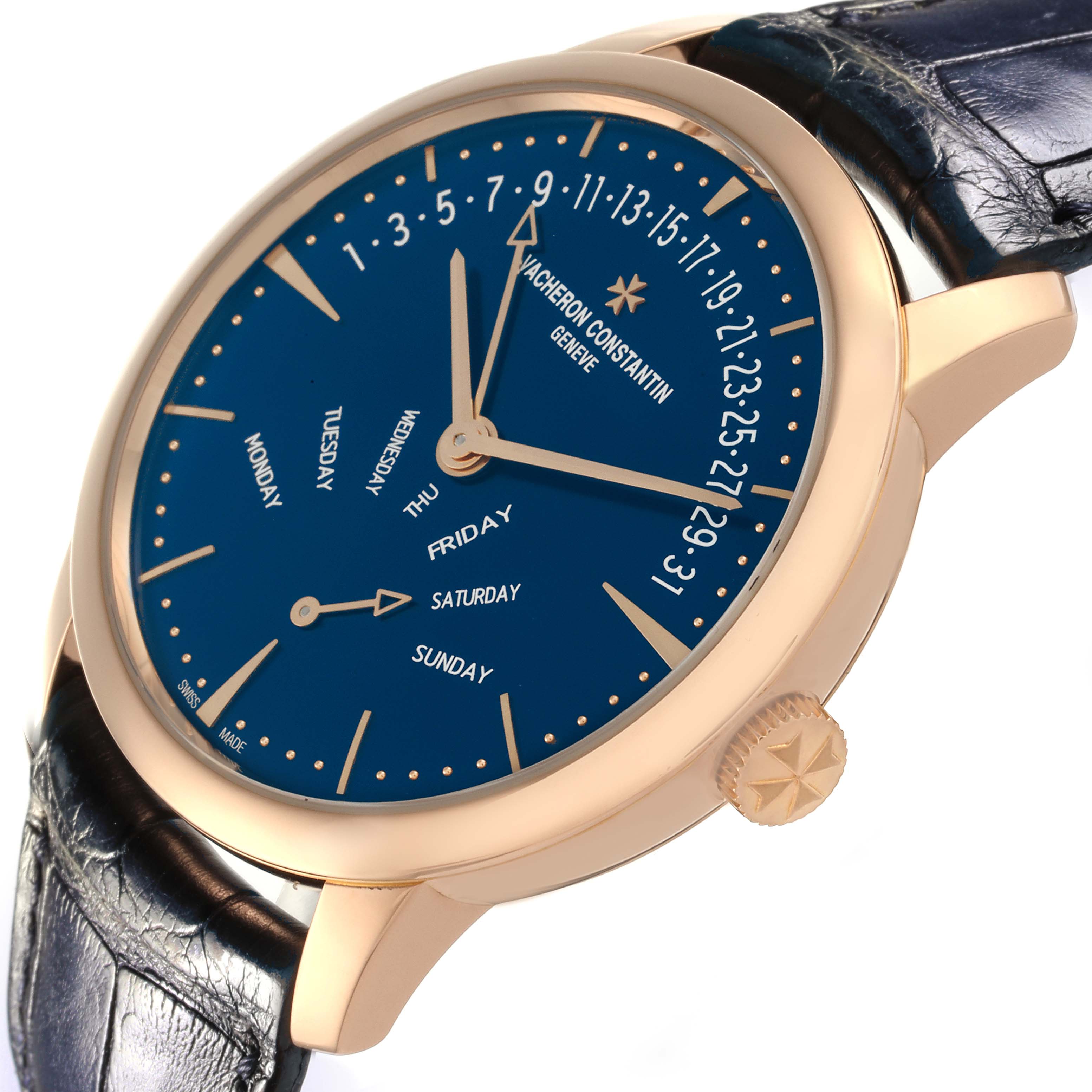 The Vacheron Constantin Patrimony 4000U/000R-B516 Men's Rose Gold Blue Dial 4000U/000R-B516 Men's Rose Gold Blue Dial watch is shown from a side angle, displaying the dial, crown, and leather strap.