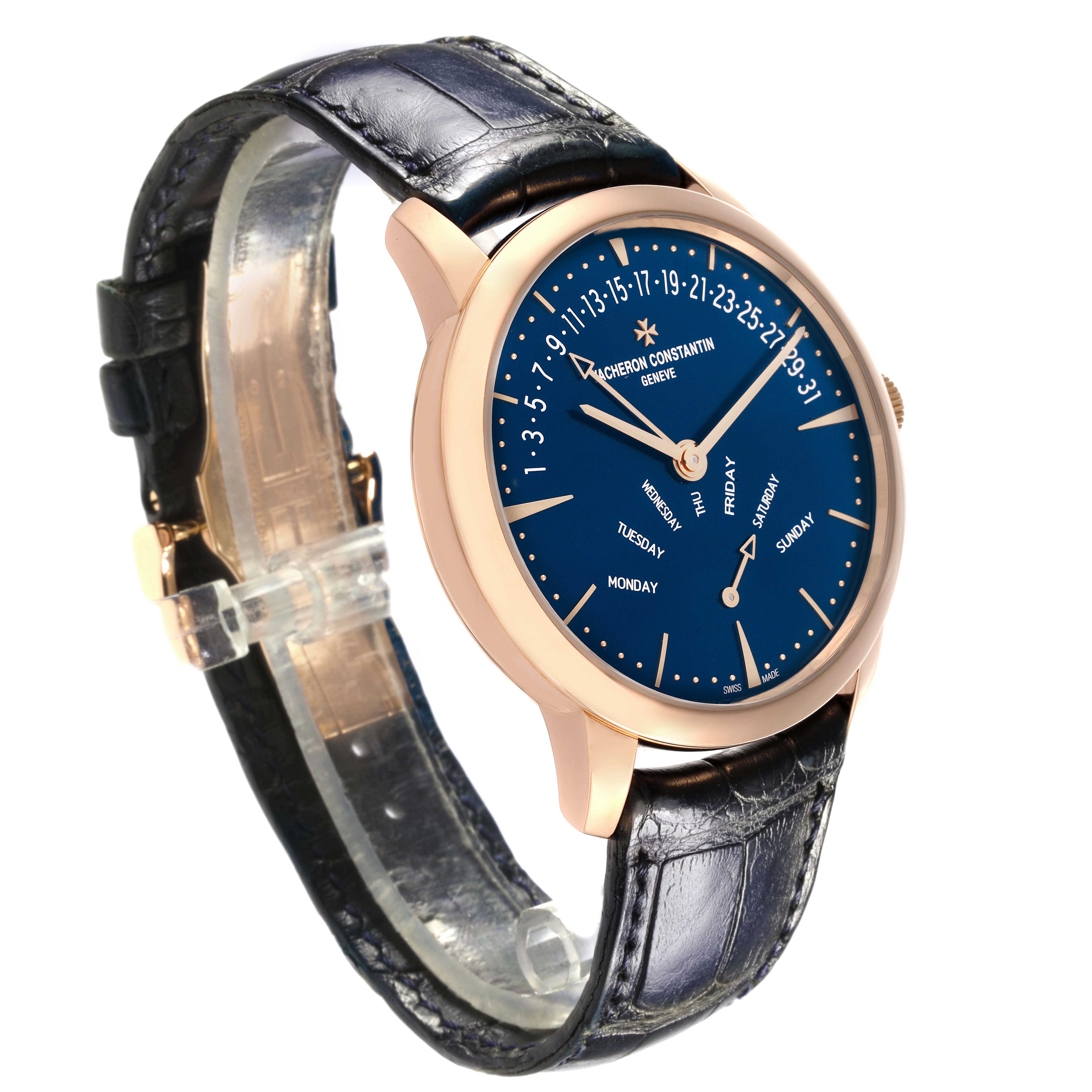 The Vacheron Constantin Patrimony 4000U/000R-B516 Men's Rose Gold Blue Dial 4000U/000R-B516 Men's Rose Gold Blue Dial watch is shown from an angled side view, highlighting the face, hands, and leather strap.