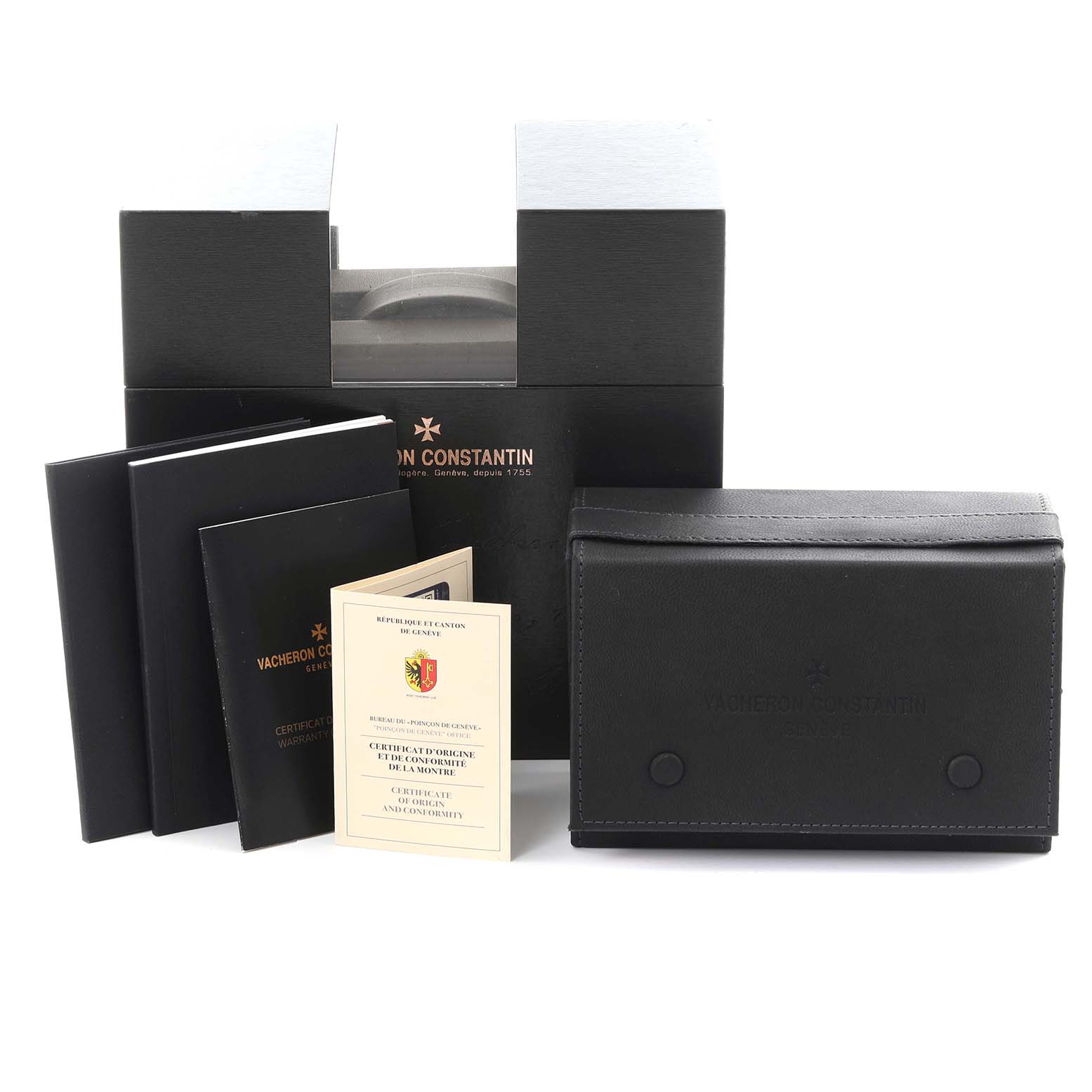 The image shows the packaging and documentation of the Vacheron Constantin Patrimony 4000U/000R-B516 Men's Rose Gold Blue Dial 4000U/000R-B516 Men's Rose Gold Blue Dial watch, including the box and manuals.