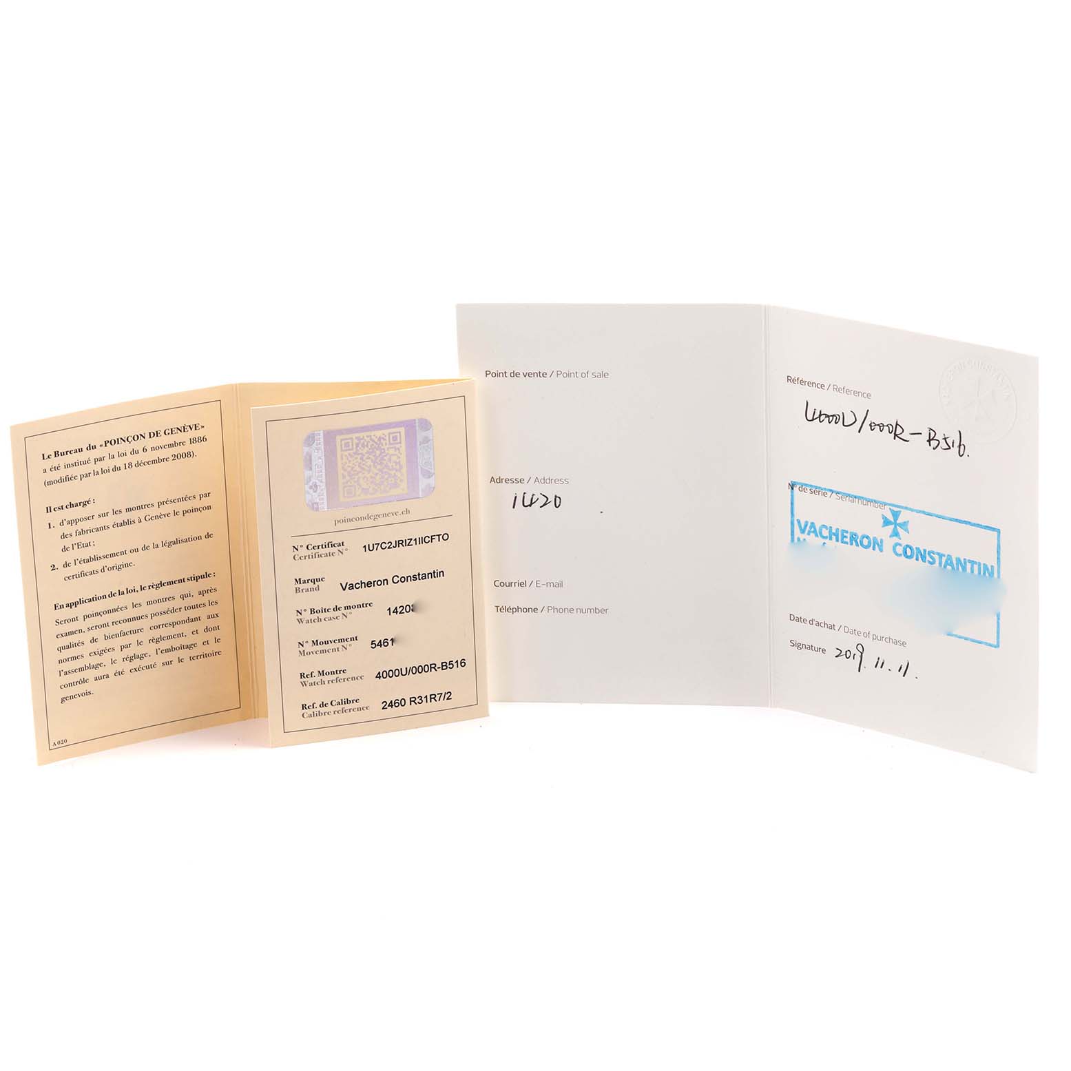 The image shows open warranty papers and documents for a Vacheron Constantin Patrimony 4000U/000R-B516 Men's Rose Gold Blue Dial 4000U/000R-B516 Men's Rose Gold Blue Dial watch.