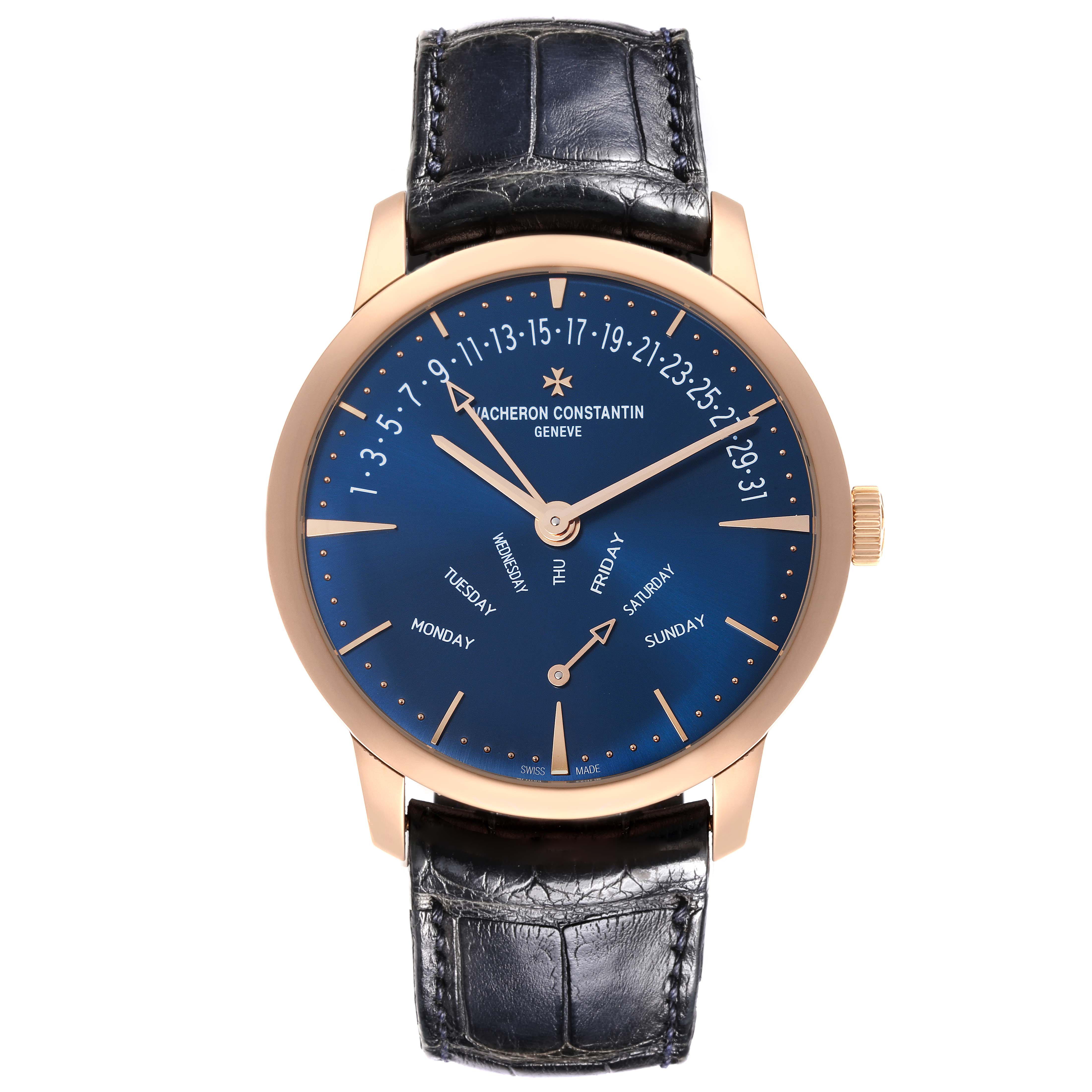 The Vacheron Constantin Patrimony 4000U/000R-B516 Men's Rose Gold Blue Dial 4000U/000R-B516 Men's Rose Gold Blue Dial watch is shown from the front, displaying its blue dial, hands, and black leather strap.
