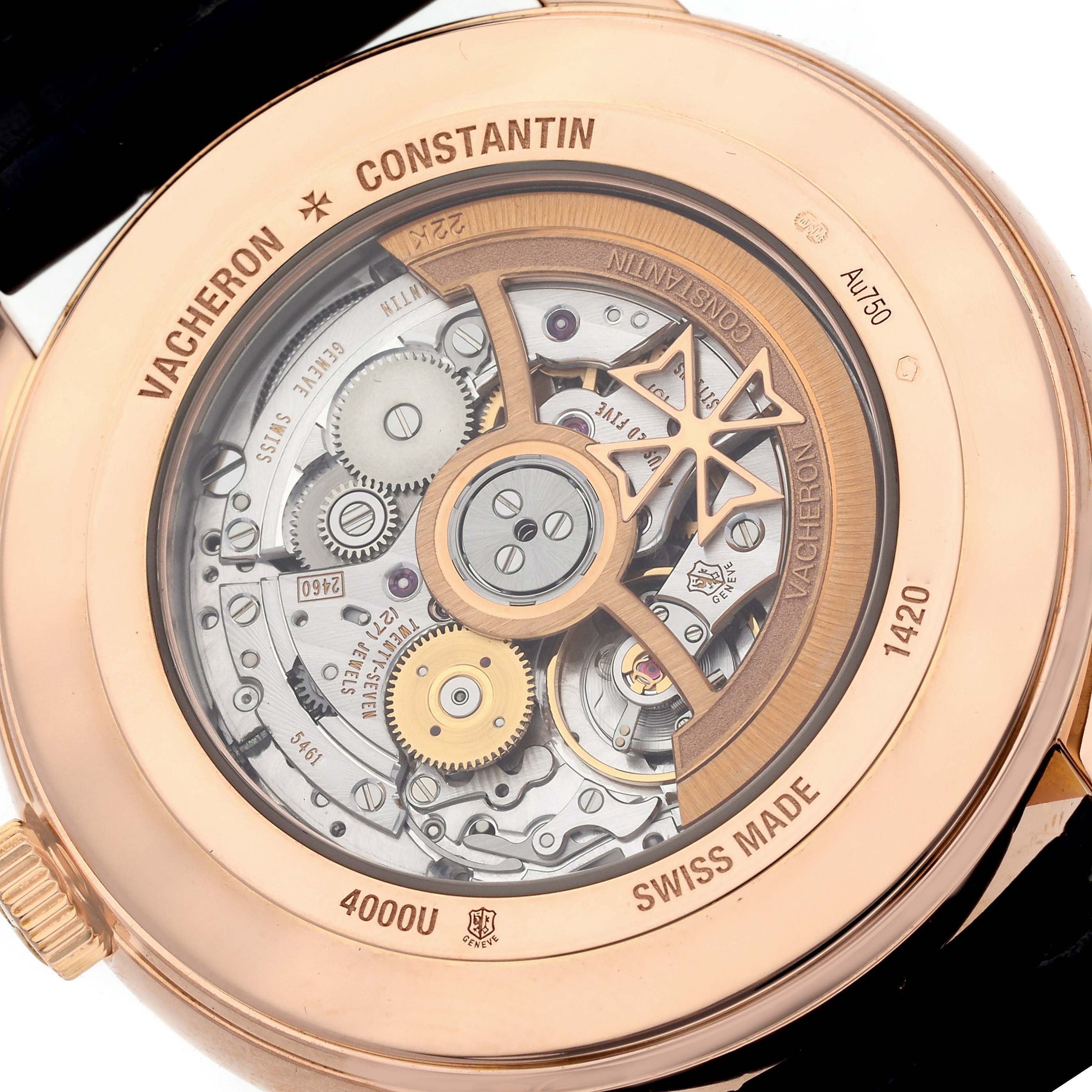 The image shows the back of the Vacheron Constantin Patrimony 4000U/000R-B516 Men's Rose Gold Blue Dial 4000U/000R-B516 Men's Rose Gold Blue Dial watch, highlighting its intricate mechanical movement.