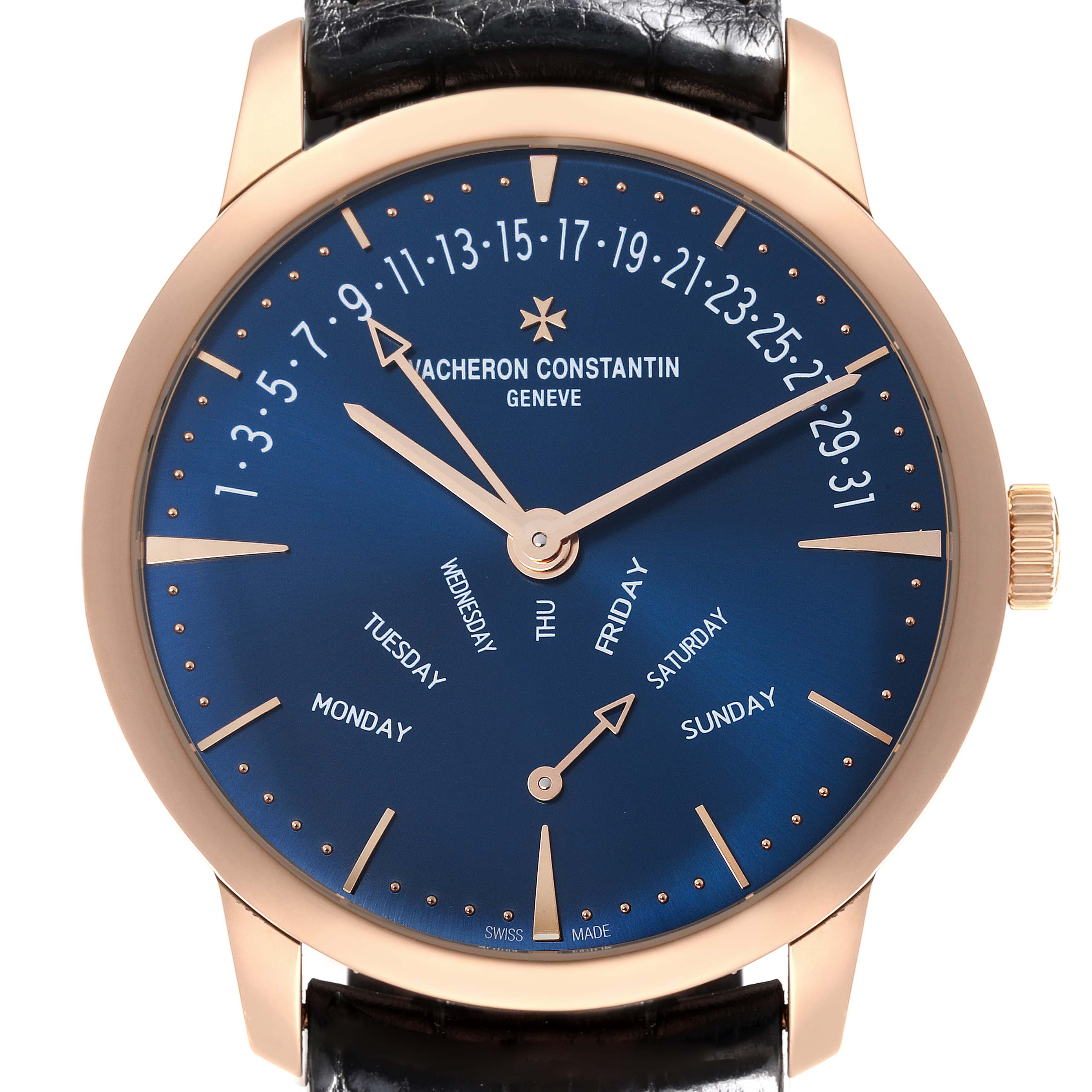 The Vacheron Constantin Patrimony 4000U/000R-B516 Men's Rose Gold Blue Dial 4000U/000R-B516 Men's Rose Gold Blue Dial watch is shown from a front angle, displaying its blue dial, gold hands, and indices clearly.