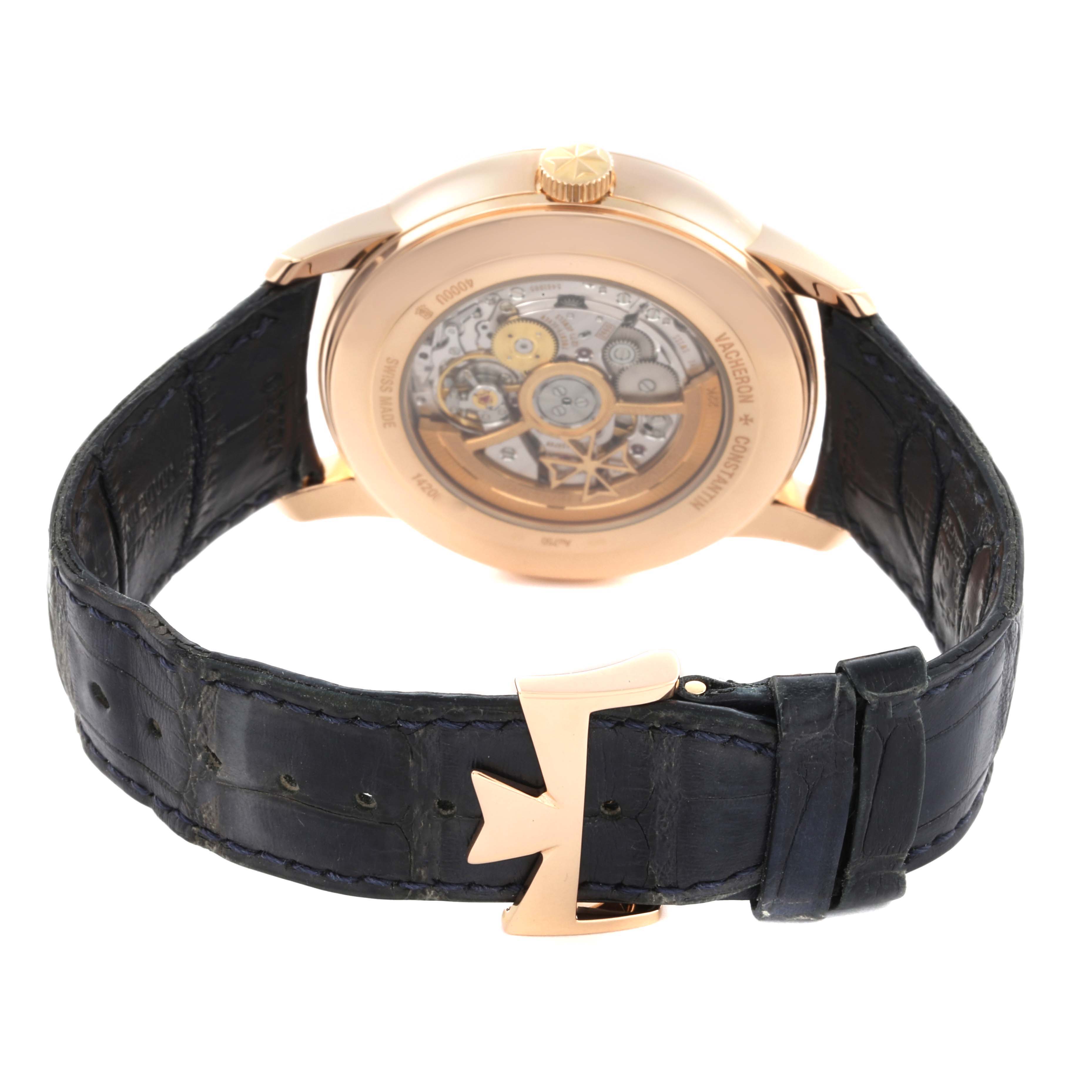 The Vacheron Constantin Patrimony 4000U/000R-B516 Men's Rose Gold Blue Dial 4000U/000R-B516 Men's Rose Gold Blue Dial watch is shown from the back, highlighting its movement and watch strap with buckle.
