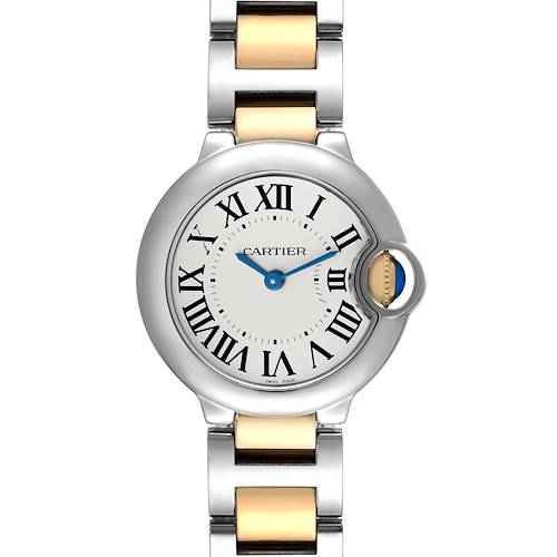The image shows a front view of the Cartier Ballon Bleu W2BB0010 Women's Steel and Gold (two tone) Silver Dial W2BB0010 Women's Steel and Gold (two tone) Silver Dial watch, focusing on the dial and part of the bracelet.