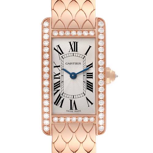 The Cartier Tank Americaine WB710008 Women's Rose Gold Silver Dial WB710008 Women's Rose Gold Silver Dial watch is shown from a front angle, highlighting its face, bracelet, and diamond bezel.