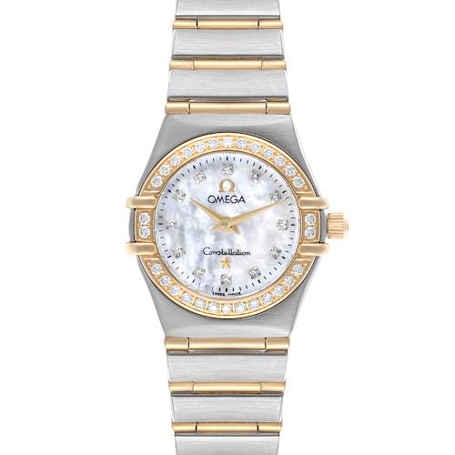 The Omega 1267.75.00 Women's Steel and Gold (two tone) Mother of Pearl Dial 1267.75.00 Women's Steel and Gold (two tone) Mother of Pearl Dial Constellation 95 watch is shown from a top view, displaying its face, bezel, bracelet, and crown.