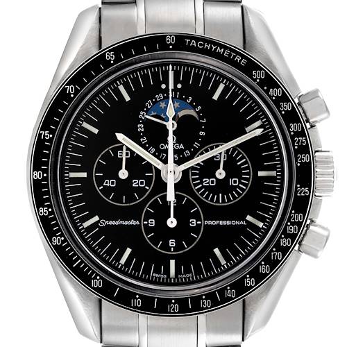 The Omega Speedmaster 3576.50.00 Men's Stainless Steel Black Dial 3576.50.00 Men's Stainless Steel Black Dial watch is shown from a frontal angle, highlighting its dial, sub-dials, and tachymetric bezel.