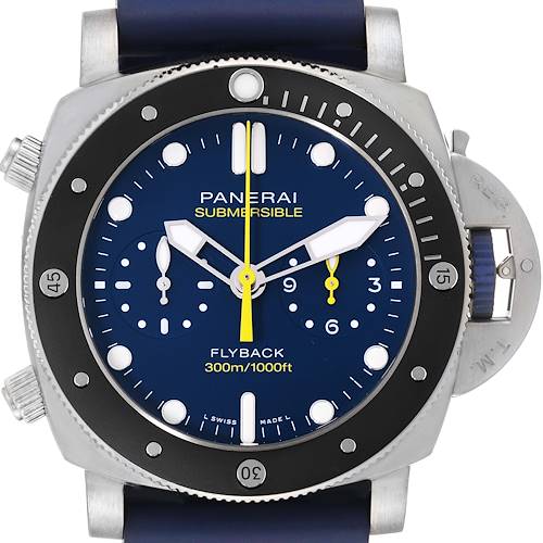 The image shows the front view of a Panerai Submersible PAM01291 Men's Titanium Blue Dial PAM01291 Men's Titanium Blue Dial watch face with dive bezel, blue dial, and chronograph features.