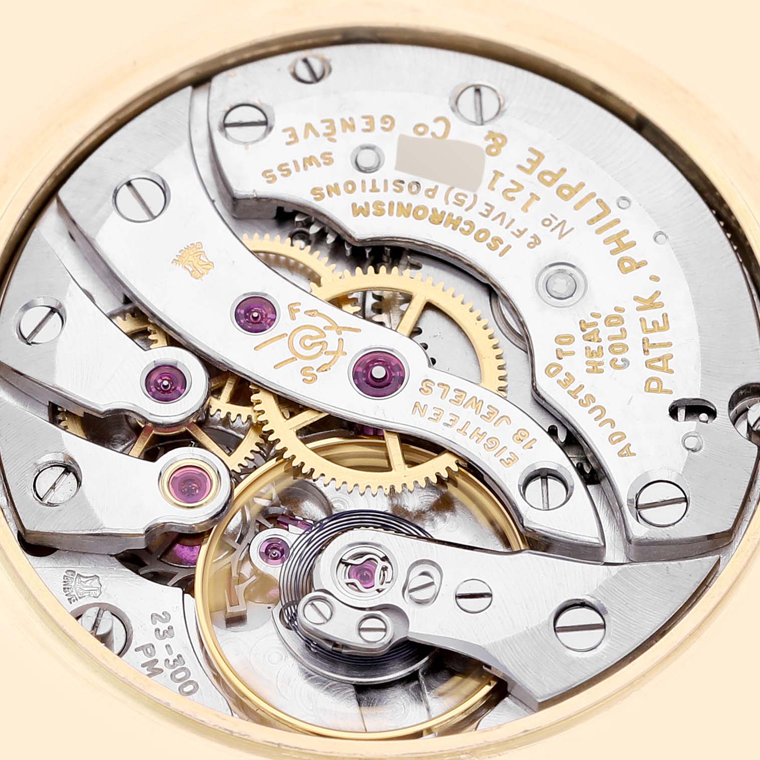 Image shows the intricate movement mechanism of a Patek Philippe Calatrava 3537 Men's Yellow Gold Champagne Dial 3537 Men's Yellow Gold Champagne Dial watch from a close-up, back angle.
