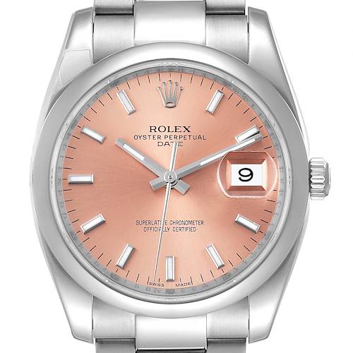 The image shows a close-up, front view of a Rolex Oyster Perpetual Date watch, highlighting its peach dial and date window.