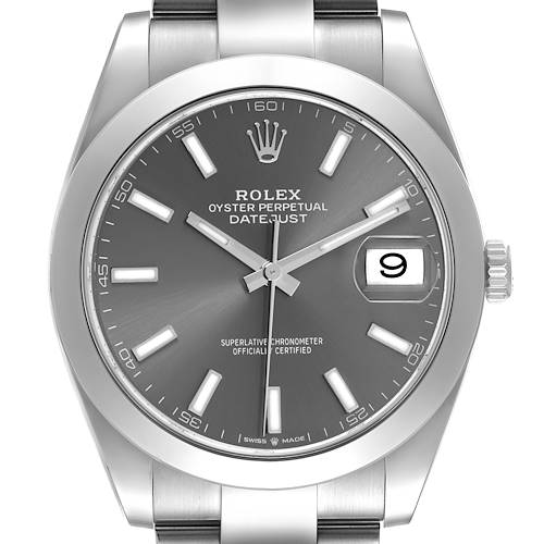 The Rolex Datejust 41 126300 Men's Stainless Steel Grey Dial 126300 Men's Stainless Steel Grey Dial watch is shown from the front, displaying its dial, hands, indices, and date window.