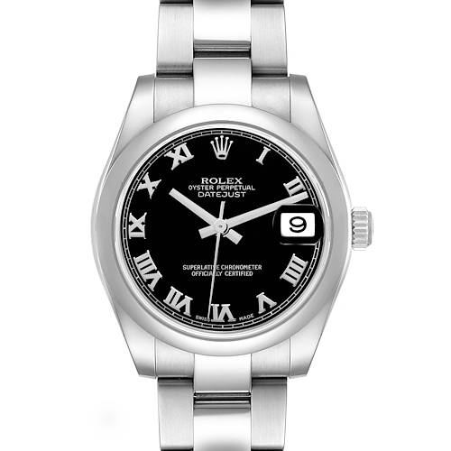 The Rolex Datejust Mid-Size watch is shown from a front angle, displaying the face, bezel, and part of the bracelet.