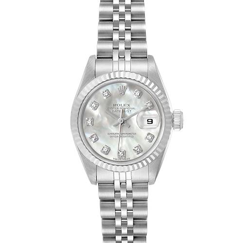 This image shows a frontal view of a Rolex Datejust 69174 Women's Stainless Steel Mother of Pearl Dial 69174 Women's Stainless Steel Mother of Pearl Dial model watch, highlighting its dial, bezel, crown, and bracelet.