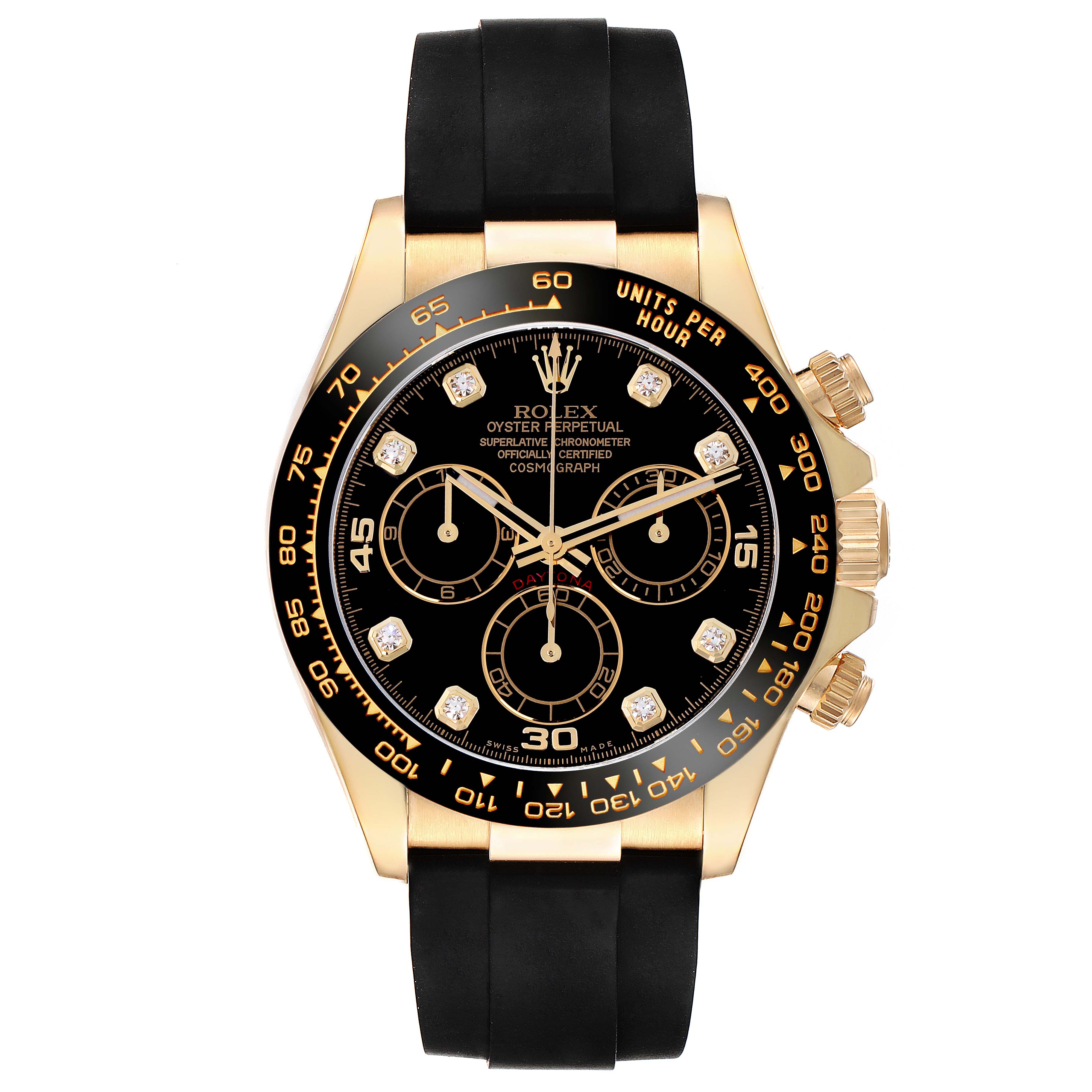 The Rolex Daytona 116518 Men's Yellow Gold Black Dial 116518 Men's Yellow Gold Black Dial watch is shown from the front, displaying the face, bezel, crown, and pushers.