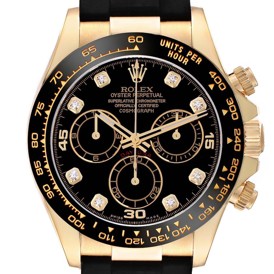 The Rolex Daytona 116518 Men's Yellow Gold Black Dial 116518 Men's Yellow Gold Black Dial watch is shown from a front angle, highlighting the black dial and gold bezel.