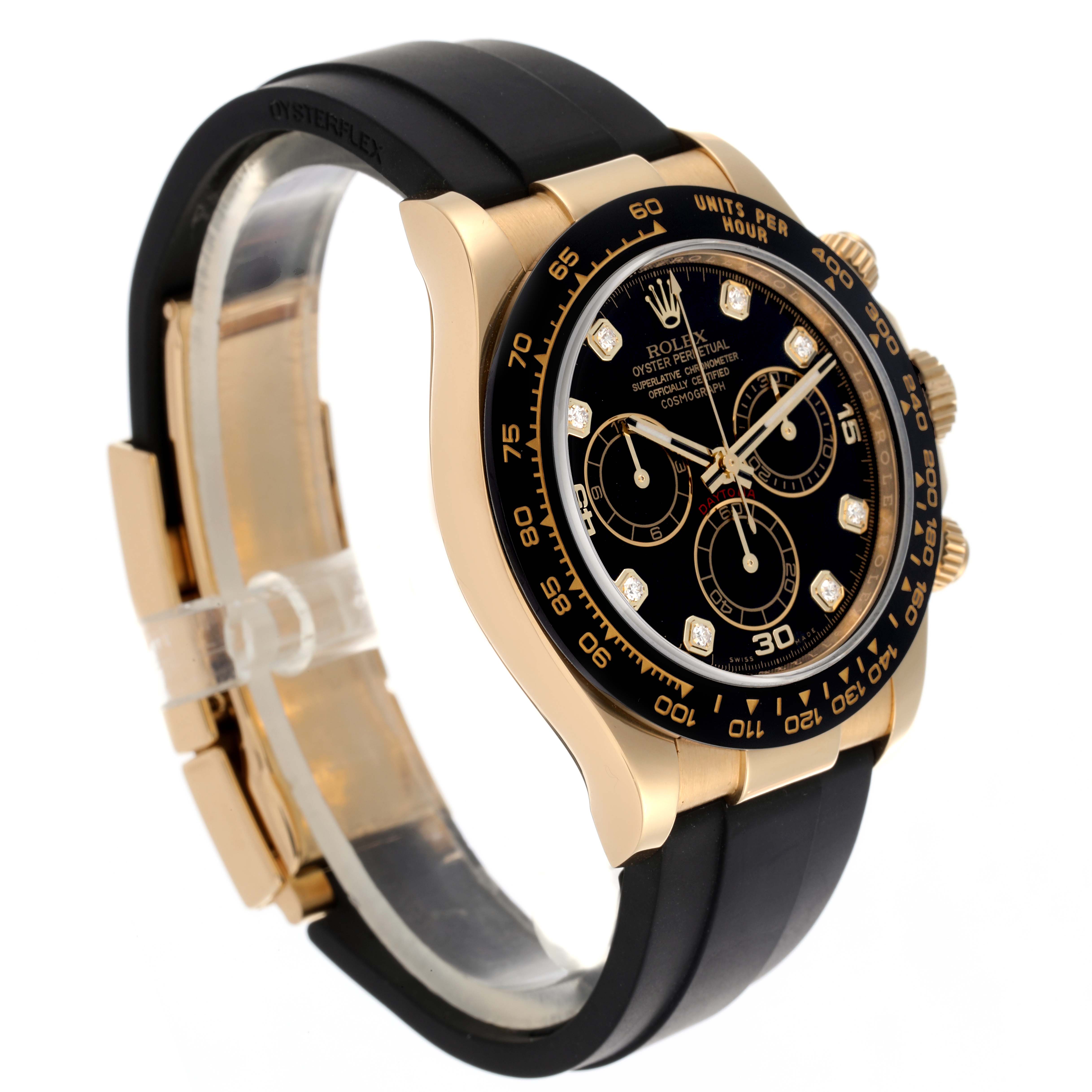 The Rolex Daytona 116518 Men's Yellow Gold Black Dial 116518 Men's Yellow Gold Black Dial watch is shown at an angled side view, highlighting its case, bezel, dial, and strap.