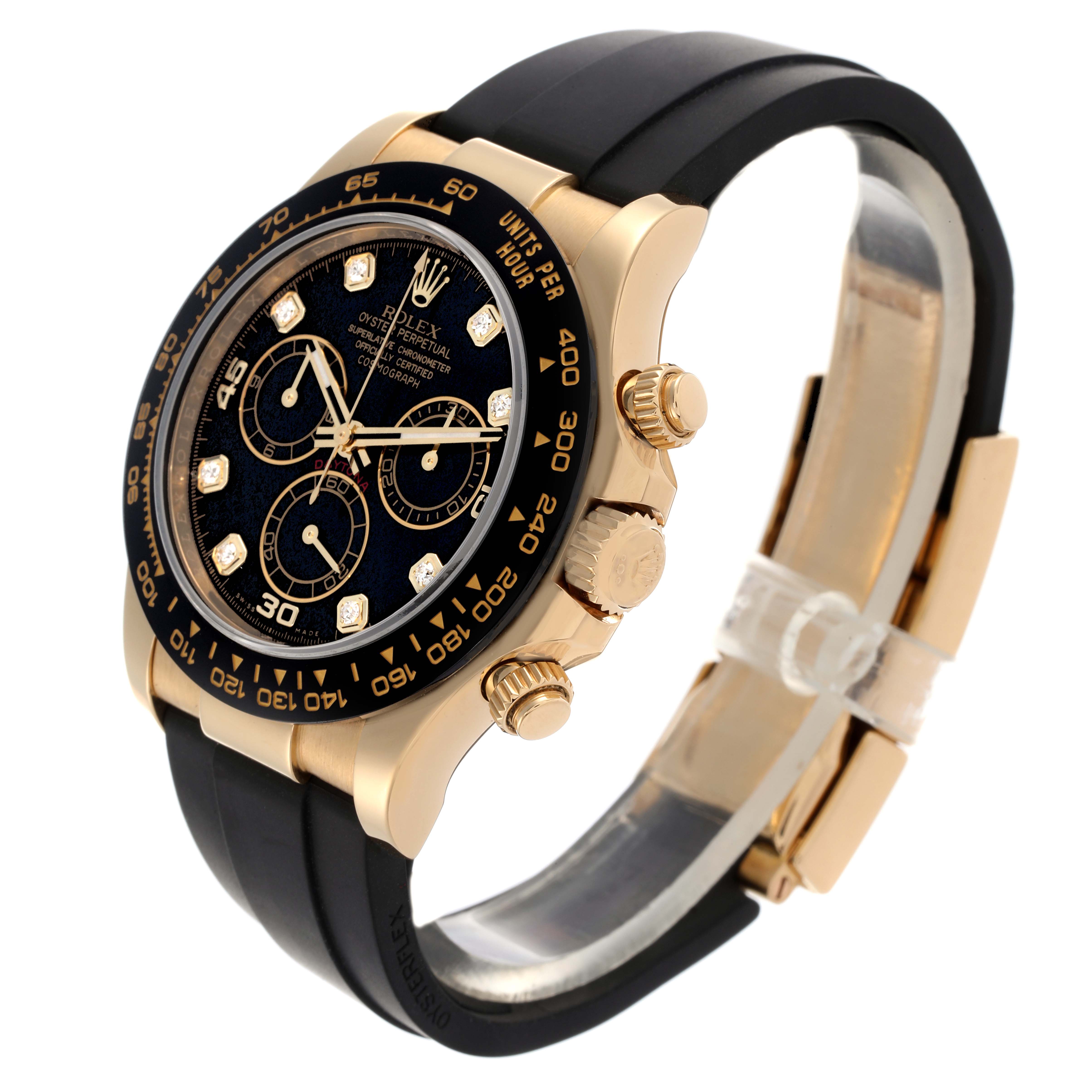The Rolex Daytona 116518 Men's Yellow Gold Black Dial 116518 Men's Yellow Gold Black Dial is shown from a side angle, displaying the face, bezel, crown, pushers, and part of the strap.