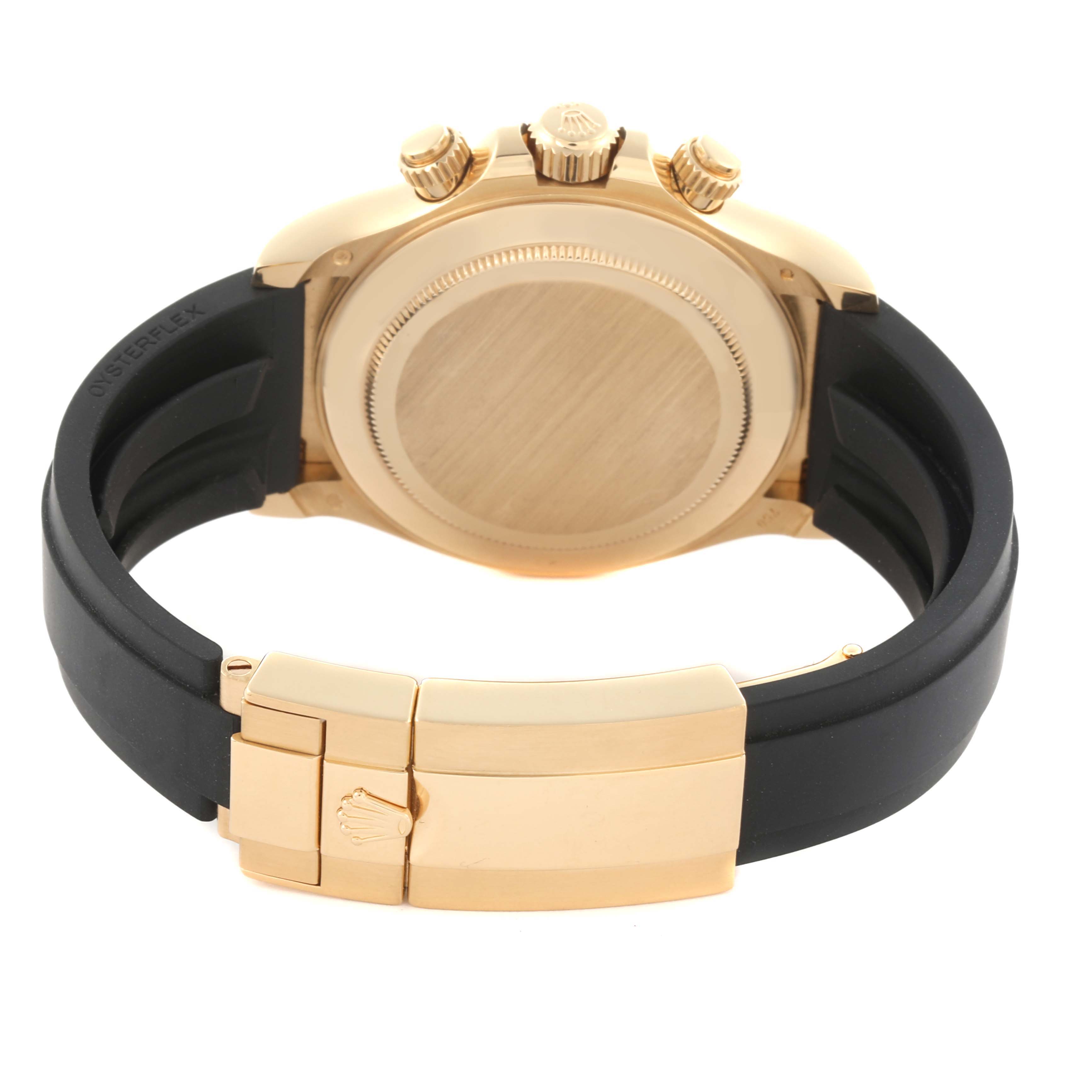 This image shows the back of a Rolex Daytona 116518 Men's Yellow Gold Black Dial 116518 Men's Yellow Gold Black Dial watch, highlighting the clasp, case back, and pushers from a rear angle.