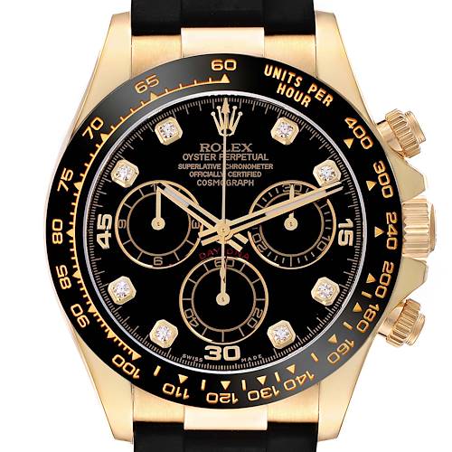 The image shows a frontal view of a Rolex Daytona 116518 Men's Yellow Gold Black Dial 116518 Men's Yellow Gold Black Dial watch, highlighting its black dial and gold accents.