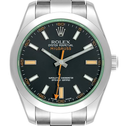The image shows a front view of the Rolex Milgauss 116400 Men's Stainless Steel Black Dial 116400 Men's Stainless Steel Black Dial watch, displaying its face and part of the strap.