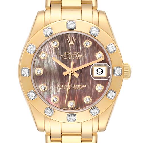 This image shows a close-up front view of a Rolex Pearlmaster 81318 Women's Yellow Gold Mother of Pearl Dial 81318 Women's Yellow Gold Mother of Pearl Dial watch, featuring a gold case with diamond markers and a date indicator.