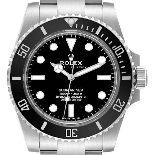 This Rolex Submariner 114060 Men's Stainless Steel Black Dial 114060 Men's Stainless Steel Black Dial watch is shown from a front angle highlighting its black dial, bezel, and stainless steel bracelet.