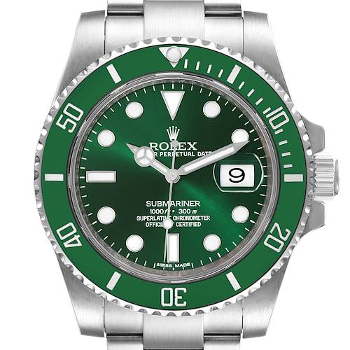 This image shows a frontal view of a Rolex Submariner 116610LV Men's Stainless Steel Green Dial 116610LV Men's Stainless Steel Green Dial watch with its green dial, bezel, and part of the bracelet.