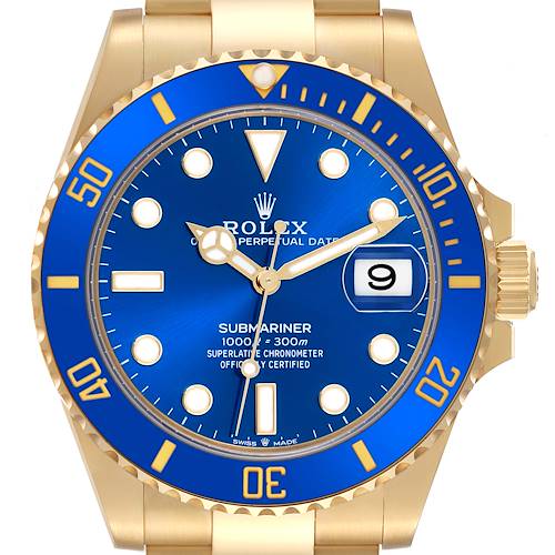 The Rolex Submariner 126618LB Men's Yellow Gold Blue Dial 126618LB Men's Yellow Gold Blue Dial watch is shown from a front view, displaying its blue dial, gold bezel, and bracelet.