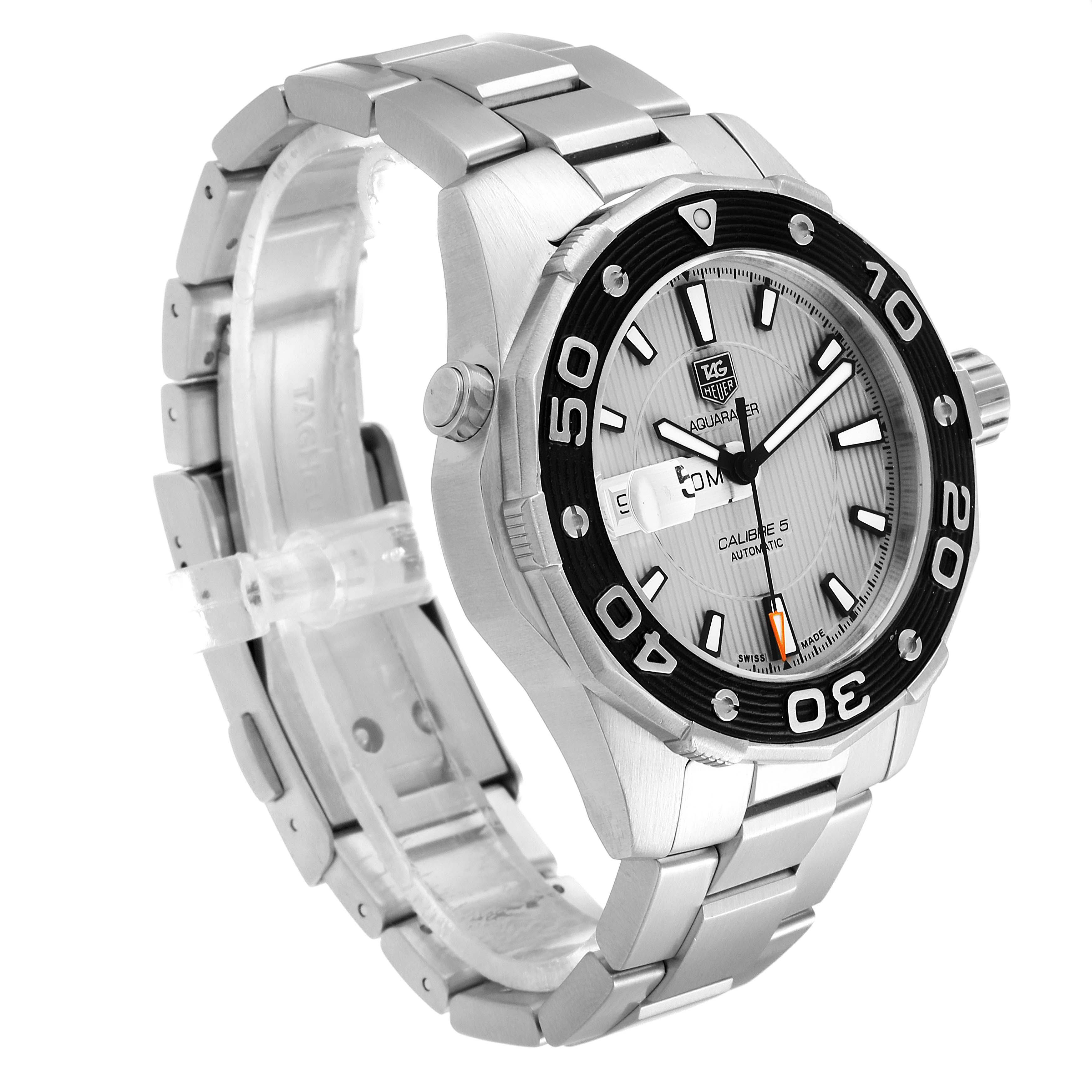 The image shows a side and front angle of the Tag Heuer Aquaracer WAJ2111.BA0870 Men's Stainless Steel Grey Dial WAJ2111.BA0870 Men's Stainless Steel Grey Dial watch, displaying its bezel, dial, bracelet, and crown.