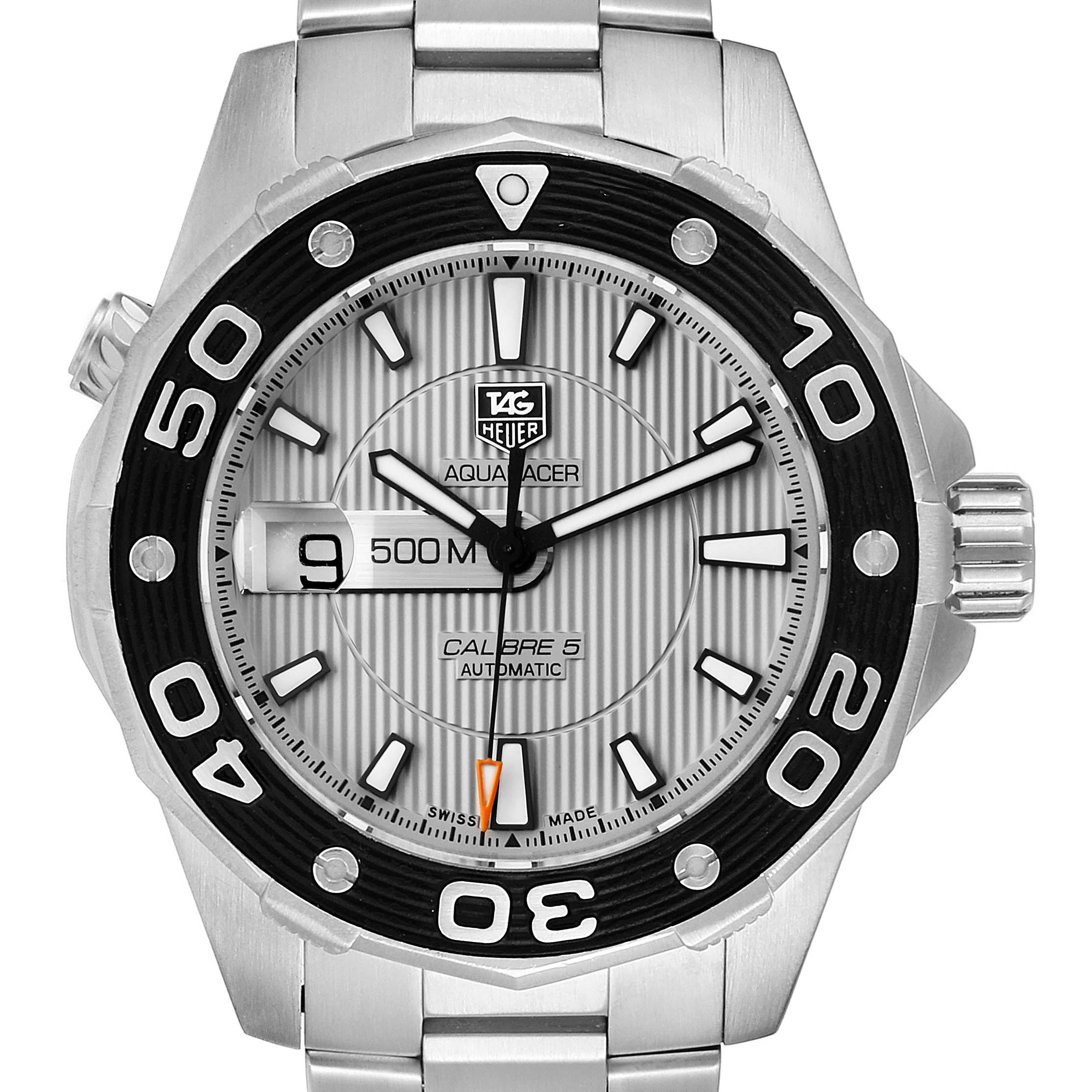 The image shows a front view of the Tag Heuer Aquaracer WAJ2111.BA0870 Men's Stainless Steel Grey Dial WAJ2111.BA0870 Men's Stainless Steel Grey Dial watch, displaying its bezel, dial, and bracelet.