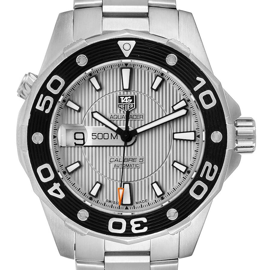 The image shows a front view of the Tag Heuer Aquaracer WAJ2111.BA0870 Men's Stainless Steel Grey Dial WAJ2111.BA0870 Men's Stainless Steel Grey Dial watch, displaying its bezel, dial, and bracelet.