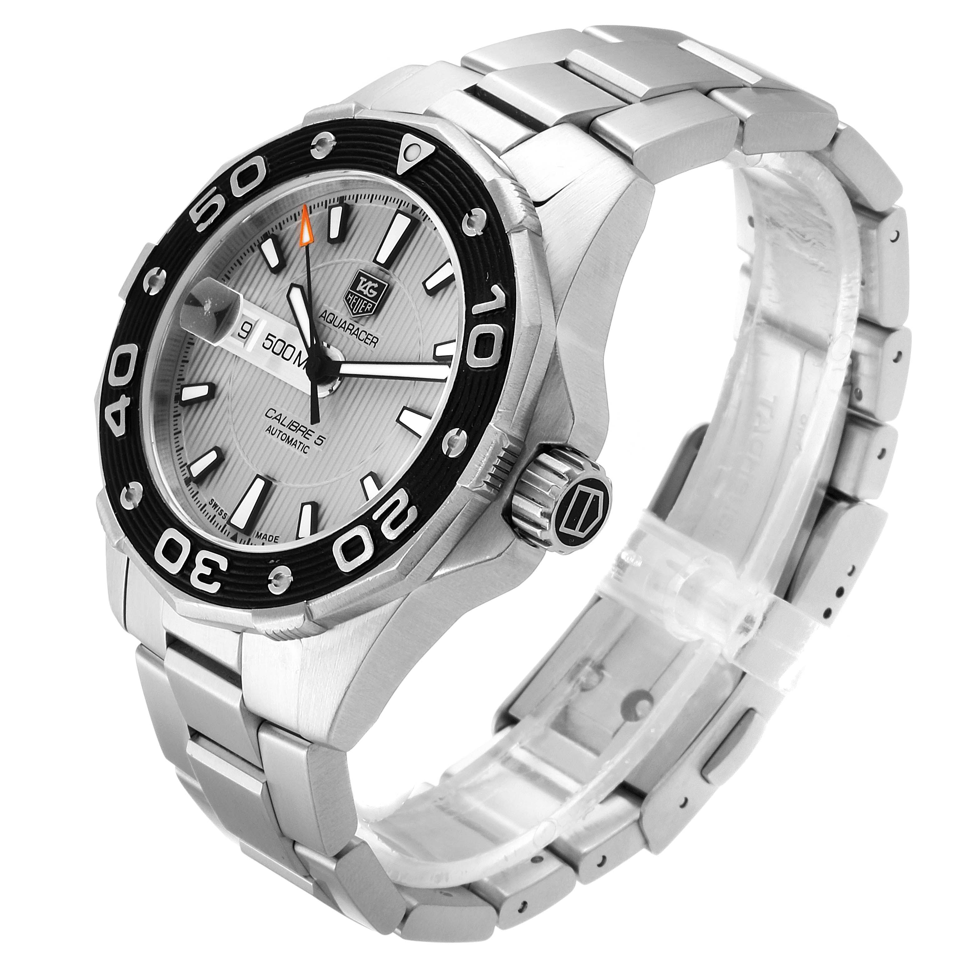 The image shows a Tag Heuer Aquaracer WAJ2111.BA0870 Men's Stainless Steel Grey Dial WAJ2111.BA0870 Men's Stainless Steel Grey Dial watch from an angled side view, displaying the bezel, dial, crown, and bracelet.