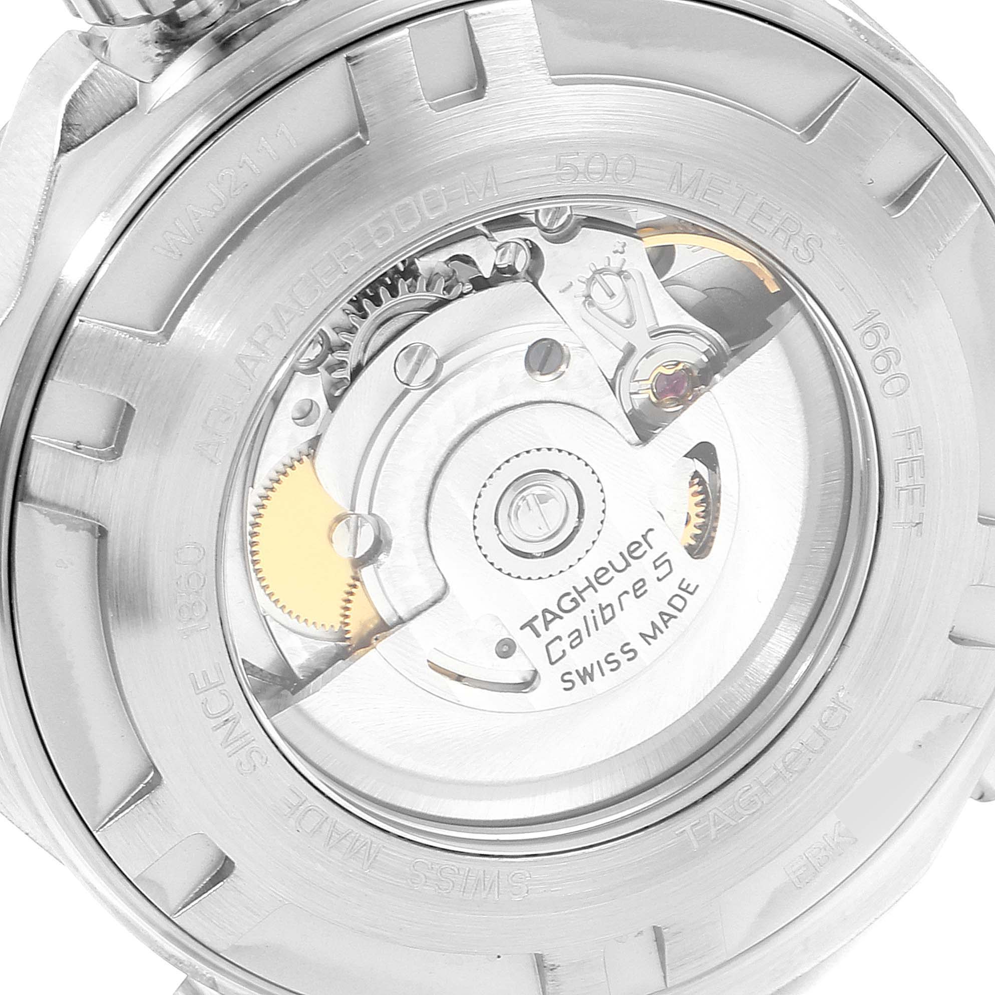 The image shows the case back of a Tag Heuer Aquaracer WAJ2111.BA0870 Men's Stainless Steel Grey Dial WAJ2111.BA0870 Men's Stainless Steel Grey Dial watch, revealing the internal mechanism and details.