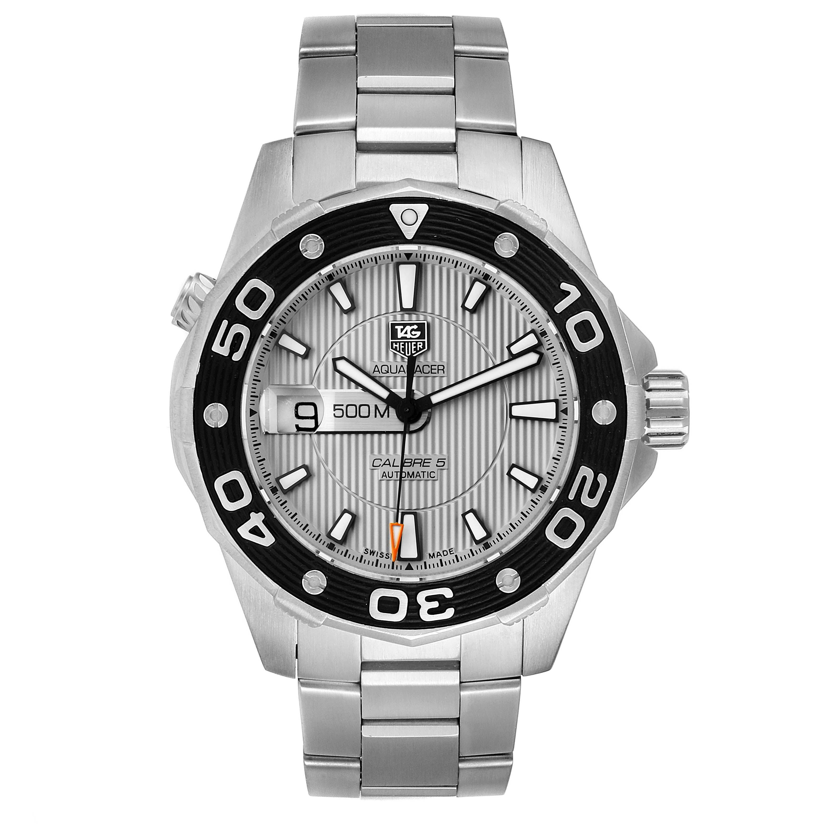 The Tag Heuer Aquaracer WAJ2111.BA0870 Men's Stainless Steel Grey Dial WAJ2111.BA0870 Men's Stainless Steel Grey Dial watch is shown from the front, displaying its bezel, dial, hands, hour markers, and part of the bracelet.