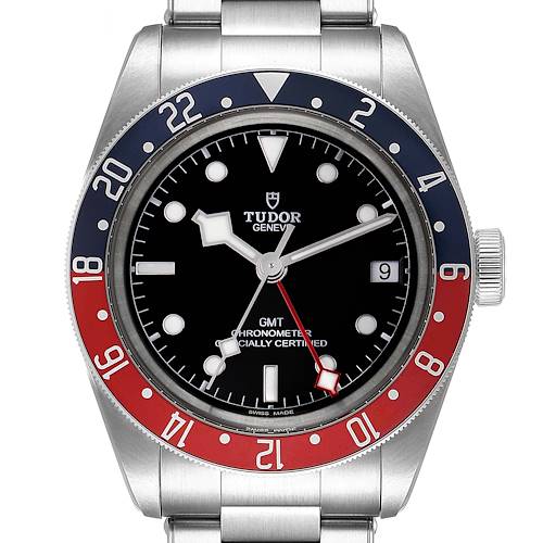 The image shows a frontal view of the Tudor Heritage Black Bay 79830RB Men's Stainless Steel Black Dial 79830RB Men's Stainless Steel Black Dial watch, showcasing the dial, bezel, and part of the bracelet.