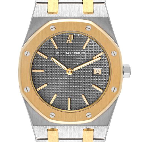 This image shows a front view of the Audemars Piguet Royal Oak 56175SA.OO.0789SA.01 Men's Steel and Gold (two tone) Grey Dial 56175SA.OO.0789SA.01 Men's Steel and Gold (two tone) Grey Dial watch, highlighting its dial, bezel, and part of the bracelet.