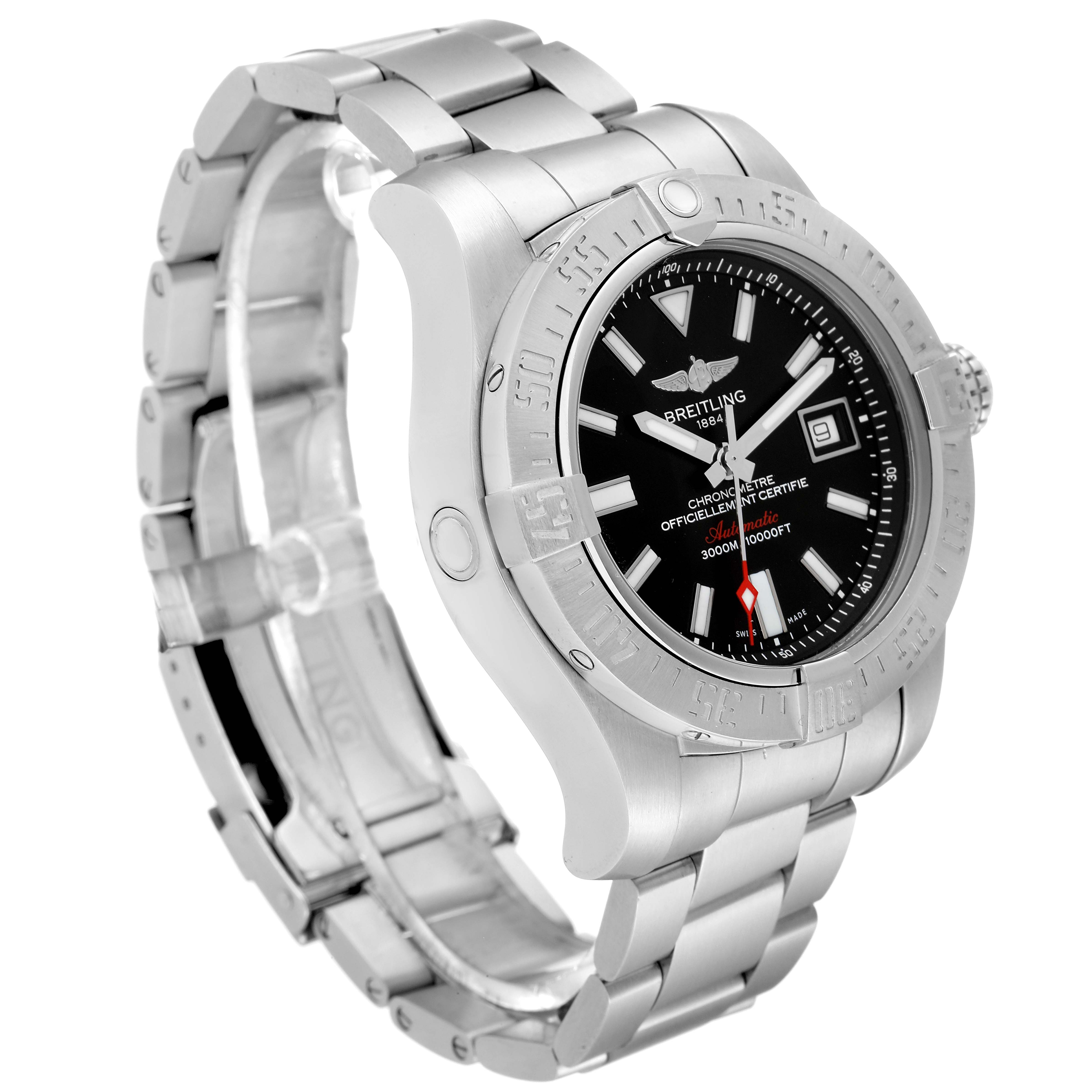 The image shows a Breitling Avenger A17331 Men's Stainless Steel Black Dial A17331 Men's Stainless Steel Black Dial watch at a three-quarter angle, highlighting its bezel, face, bracelet, and clasp.