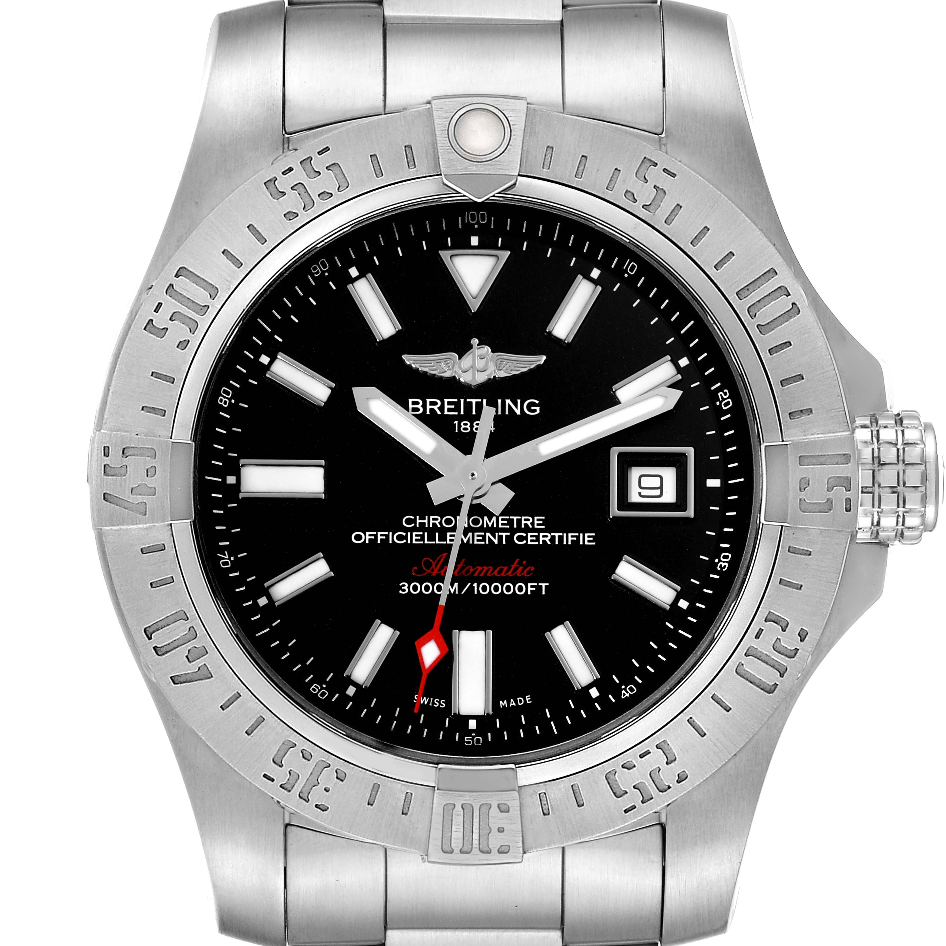 The image shows a front view of the Breitling Avenger A17331 Men's Stainless Steel Black Dial A17331 Men's Stainless Steel Black Dial watch, highlighting the dial, bezel, crown, and part of the bracelet.
