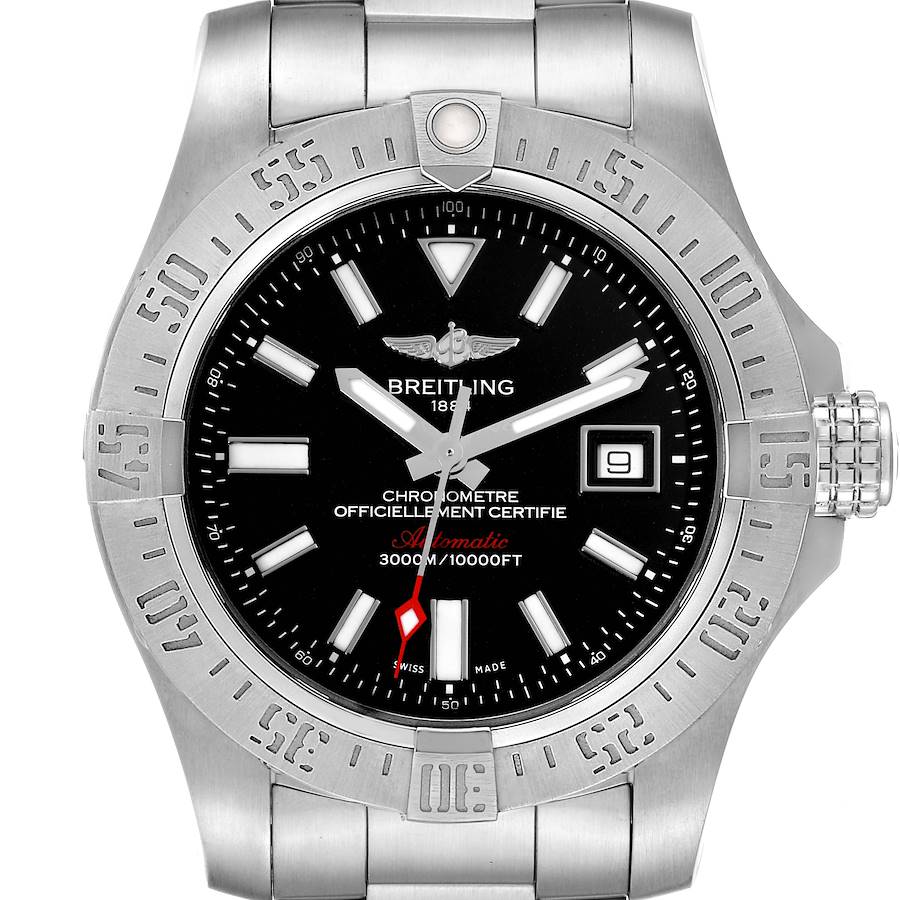 The image shows a front view of the Breitling Avenger A17331 Men's Stainless Steel Black Dial A17331 Men's Stainless Steel Black Dial watch, highlighting the dial, bezel, crown, and part of the bracelet.
