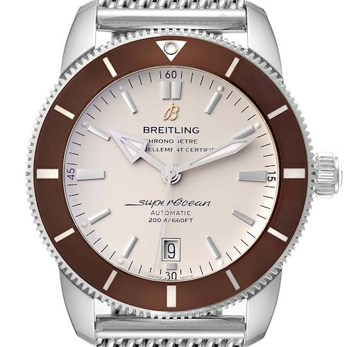 This image shows a frontal view of a Breitling Superocean AB202033/G828 Men's Stainless Steel Silver Dial AB202033/G828 Men's Stainless Steel Silver Dial watch, highlighting the dial, bezel, and part of the bracelet.