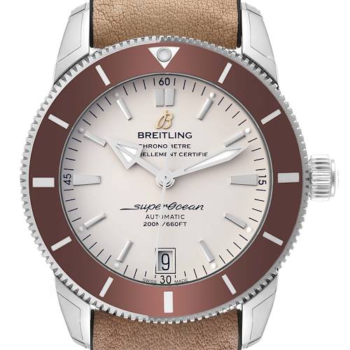 The image shows a front view of the Breitling Superocean AB201033/G827 Men's Stainless Steel Silver Dial AB201033/G827 Men's Stainless Steel Silver Dial watch, illustrating the dial, hands, bezel, and a portion of the leather strap.