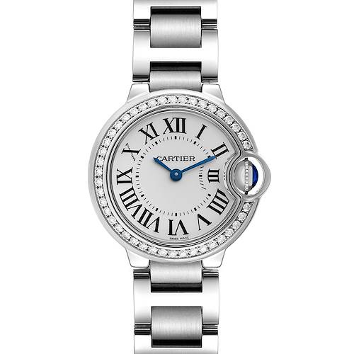 The Cartier Ballon Bleu W4BB0015 Women's Stainless Steel Silver Dial W4BB0015 Women's Stainless Steel Silver Dial watch is shown from a top-down angle, highlighting the face, bezel, and part of the metal bracelet.