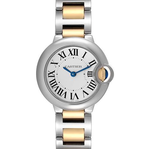 The image shows a front view of the Cartier Ballon Bleu W69007Z3 Women's Steel and Gold (two tone) Silver Dial W69007Z3 Women's Steel and Gold (two tone) Silver Dial wristwatch, highlighting the face, Roman numerals, and metal strap.