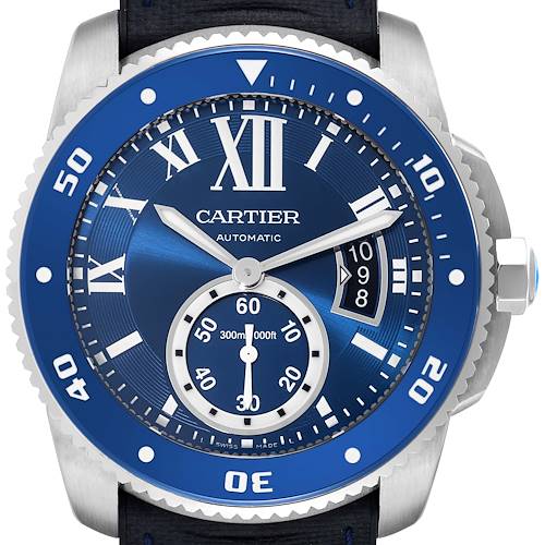 This image shows a front close-up view of the Calibre de Cartier watch by Cartier, highlighting its blue dial, bezel, and subdial.