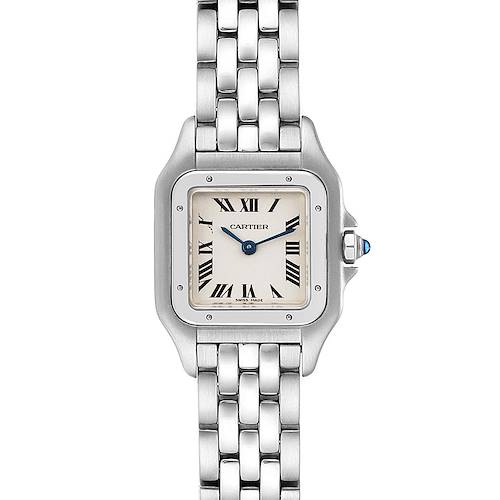 The image shows a Panthere model by Cartier from a front angle, displaying its face, bracelet, and bezel.