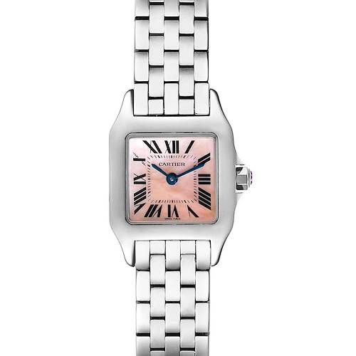 This is a front view of the Cartier Santos Demoiselle W25075Z5 Women's Stainless Steel Mother of Pearl Dial W25075Z5 Women's Stainless Steel Mother of Pearl Dial watch, displaying its face and stainless steel bracelet.