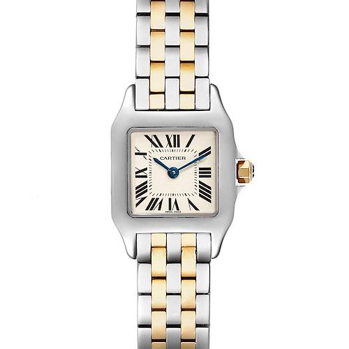 The image shows a front view of the Cartier Santos Demoiselle W25066Z6 Women's Stainless Steel Silver Dial W25066Z6 Women's Stainless Steel Silver Dial watch, highlighting its two-tone metal bracelet and square face.