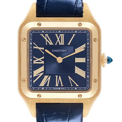 The Cartier Santos Dumont WGSA0077 Men's Yellow Gold Black Dial WGSA0077 Men's Yellow Gold Black Dial watch is shown from the front, highlighting the face, Roman numerals, and a portion of the leather strap.